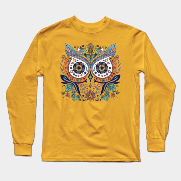 Mexican Style Graphic Owl Face Flowers Leaves Long Sleeve T-Shirt by NaturalDesign